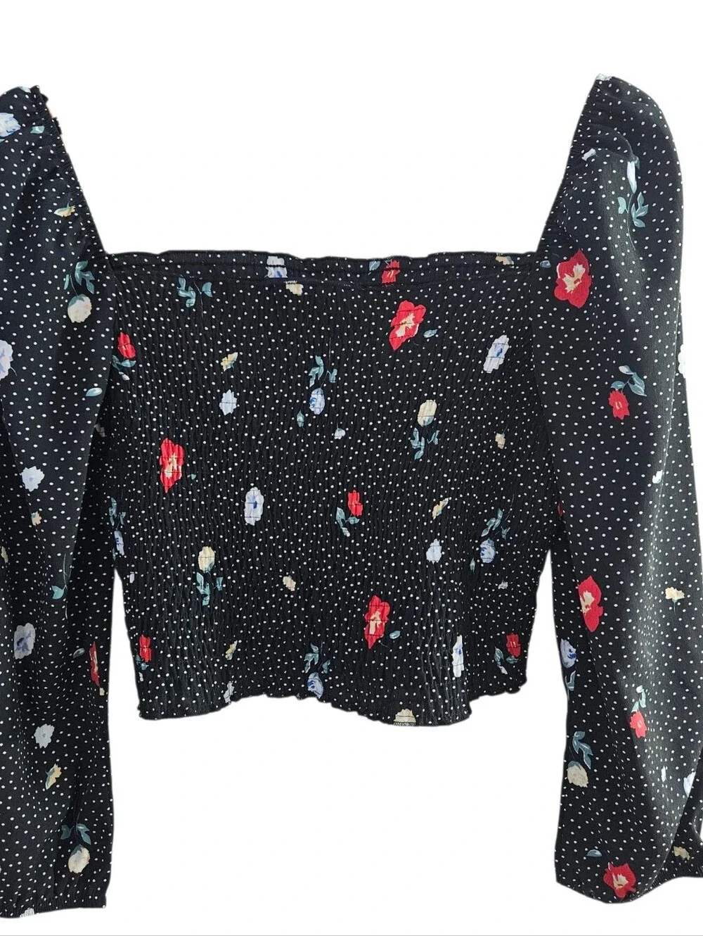 Abercrombie & Fitch Black Floral Smocked Square-Neck Blouse Y2k